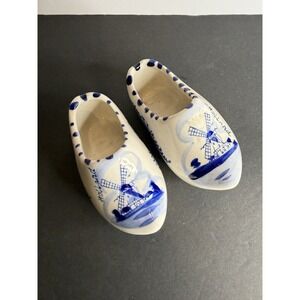 Vintage Delft Blue Holland Ceramic Wooden Shoe Clogs Pair Windmill Decor